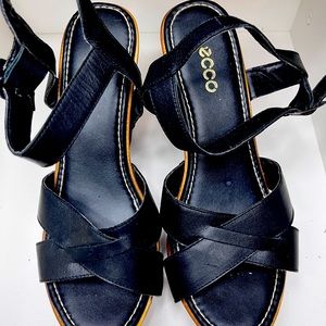 $40 size 7. Black wedge sandal with ankle strap.